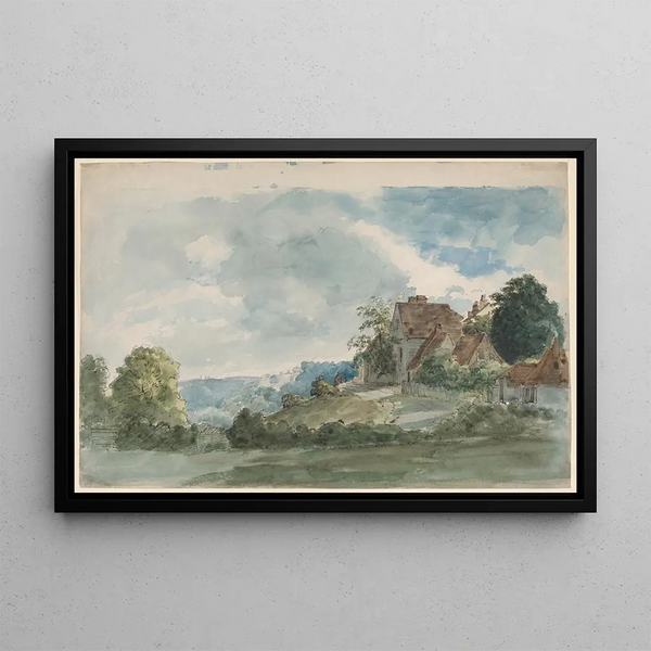 Cottages dans un paysage étendu - William Henry Hunt — indrammet kunstværk på væggen