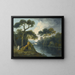 Et flodlandskab med munke, der taler ved siden af ​​megalitter med ruiner i det fjerne - William Hodges — indrammet kunstværk på væggen