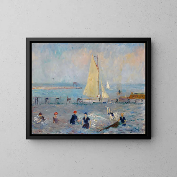 Landskab med havudsigt med seks badende i Bellport - William James Glackens — indrammet kunstværk på væggen