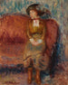 Kvinde sidder på en rød sofa - William James Glackens — visning af kunstværket