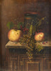 naturtro med vase egyptisk, æbler og druer på marmorbord - William Michael Harnett — visning af kunstværket