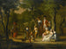 Portrait af en familie i et skovlandskab med romaer og dansende hunde - William Redmore Bigg — visning af kunstværket