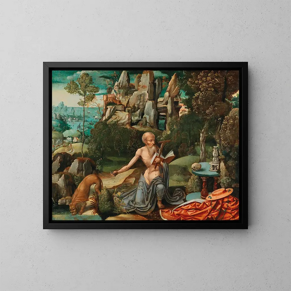 Saint Jérôme dans le ørkenen - Atelier de Joachim Patinir — indrammet kunstværk på væggen