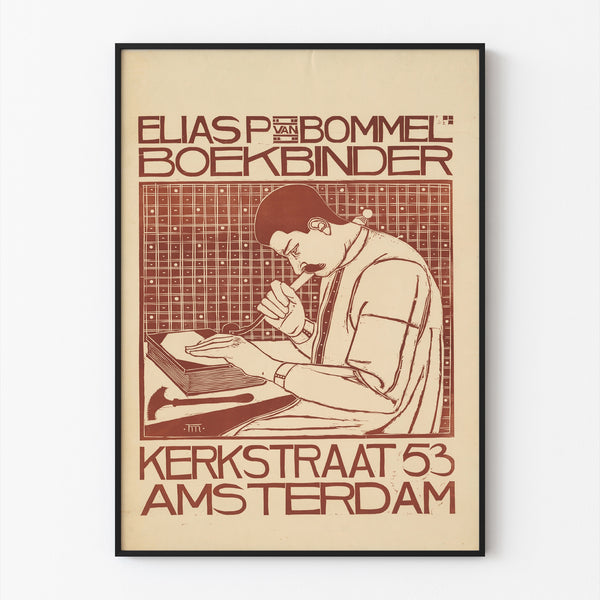Art nouveau-plakat – Elias van Bommel – Theo Molkenboer, vist i en tynd ramme på en lys væg.