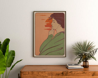 Art nouveau-plakat – L’Heure du silence – Henri Meunier, indrammet over en trækommode mellem planter.