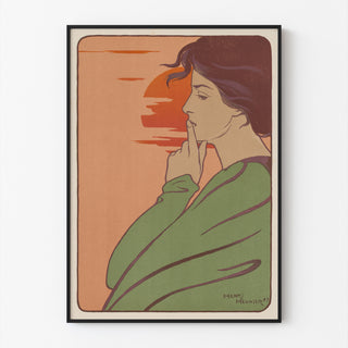 Art nouveau-plakat – L’Heure du silence – Henri Meunier, vist i en tynd ramme på en lys væg.