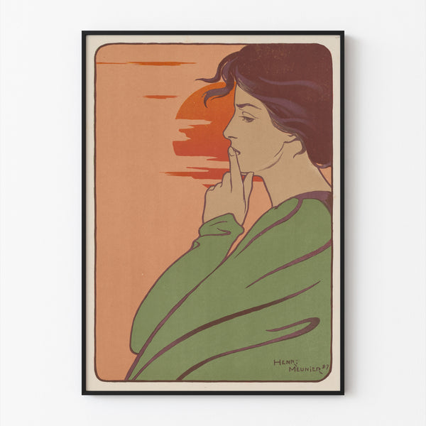 Art nouveau-plakat – L’Heure du silence – Henri Meunier, vist i en tynd ramme på en lys væg.