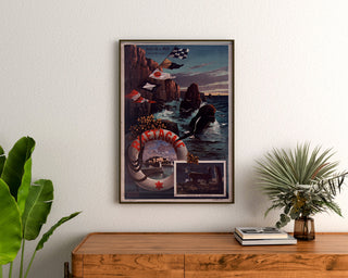 Vintage plakat Bretagne – Belle-Île-en-Mer, Bretagne, indrammet over en trækommode mellem planter.