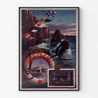 Vintage plakat Bretagne – Belle-Île-en-Mer, Bretagne, i tynd ramme på en lys væg.