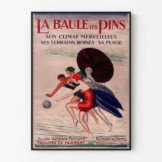 Bretagne-vintageplakat – La Baule-les-Pins, vist i en tynd ramme på en lys væg.