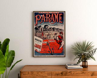 Vintage plakat Bretagne – Paramé, Saint-Malo-bugten, indrammet over en trækommode mellem planter.