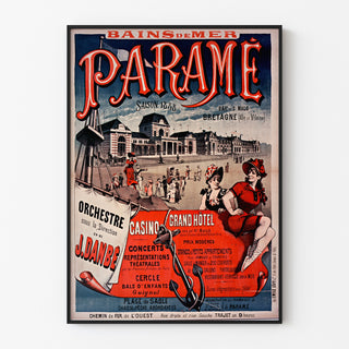 Vintage plakat Bretagne – Paramé, Saint-Malo-bugten, vist i en tynd ramme på en lys væg.