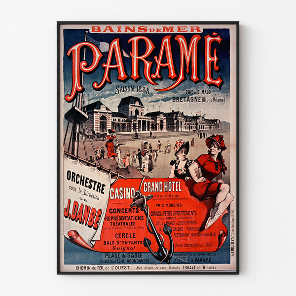 Vintage plakat Bretagne – Paramé, Saint-Malo-bugten, vist i en tynd ramme på en lys væg.