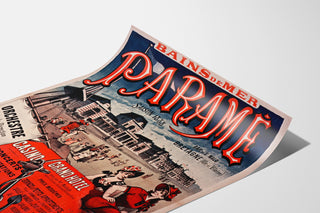 Vintage plakat Bretagne – Paramé, Saint-Malo-bugten, vist på et buet ark set i perspektiv.