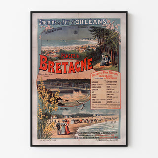 Bretagne-vintageplakat – Plages de Bretagne, jernbaner, vist i en tynd ramme på en lys væg.