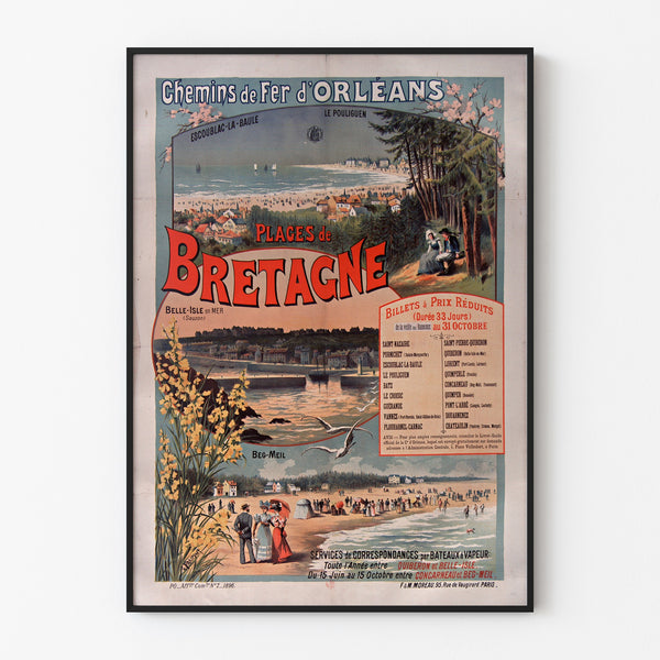 Bretagne-vintageplakat – Plages de Bretagne, jernbaner, vist i en tynd ramme på en lys væg.