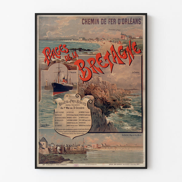 Vintage plakat Bretagne – Bretagne-strande, Orléans, i tynd ramme på en lys væg.
