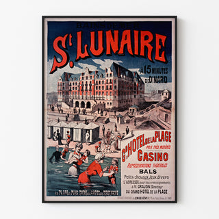 Vintage plakat Bretagne – Saint-Lunaire, havbade, vist i en tynd ramme på en lys væg.