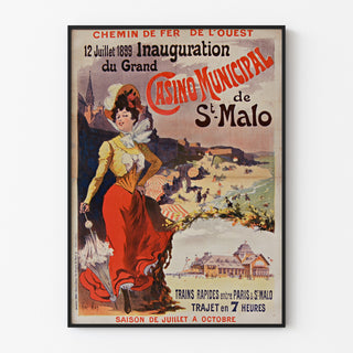 Vintage plakat Bretagne – Saint-Malo, casinoåbning, vist i en tynd ramme på en lys væg.