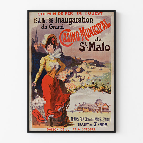 Vintage plakat Bretagne – Saint-Malo, casinoåbning, vist i en tynd ramme på en lys væg.