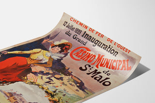 Vintage plakat Bretagne – Saint-Malo, åbning af kasinoet, vist på et let bøjet ark i perspektiv.
