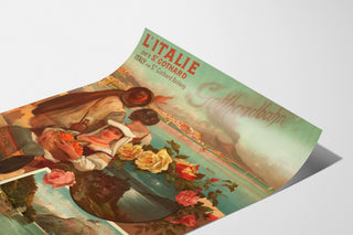 Jernbaneplakat – Italien via St. Gotthard, 1892, vist på et buet ark i perspektiv.