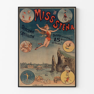 Vintage cirkusplakat Miss Stena, Absalons nedstigning, vist i en tynd ramme på en lys væg.
