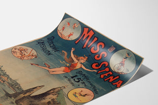 Vintage cirkusplakat Miss Stena, Absalons nedstigning, vist på et buet ark i perspektiv.