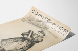 Historisk plakat – Amiens, Comité de l’Or – Abel-Truchet, vist på et buet ark set i perspektiv.