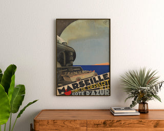 Vintage-plakat Marseille – Côte d’Azur – Roger Broders, indrammet over en trækommode mellem planter.