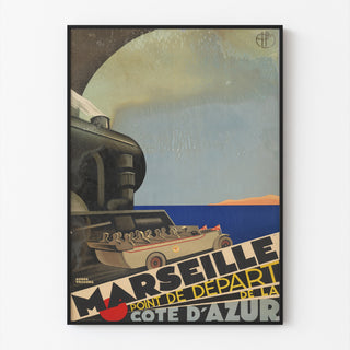 Vintage-plakat Marseille – Côte d’Azur – Roger Broders, vist i en tynd ramme på en lys væg.