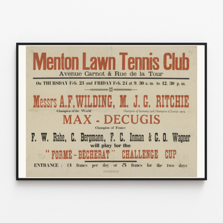 Plakat Menton Lawn Tennis Club, vist i en tynd ramme på en lys væg.