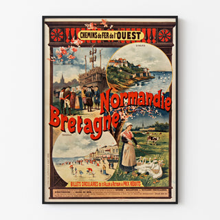 Vintage Normandie‑plakat – Normandie og Bretagne — chemins de fer de l’Ouest, vist i en slank ramme på en lys væg.