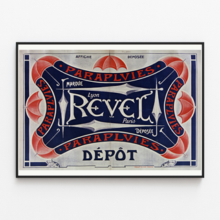 Paraplyplakat Revel — Varemærke, Lyon, Paris, vist i en tynd ramme på en lys væg.