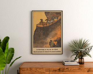 Vintage politisk plakat – Liberale valg, 1918 – Sluiter, indrammet over en trækommode mellem planter.
