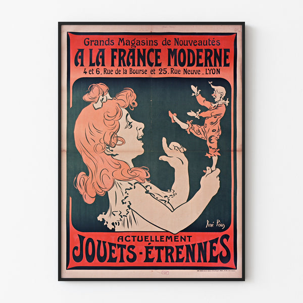 Vintage reklameplakat "À la France moderne, Lyon" vist i en tynd ramme på en lys væg.
