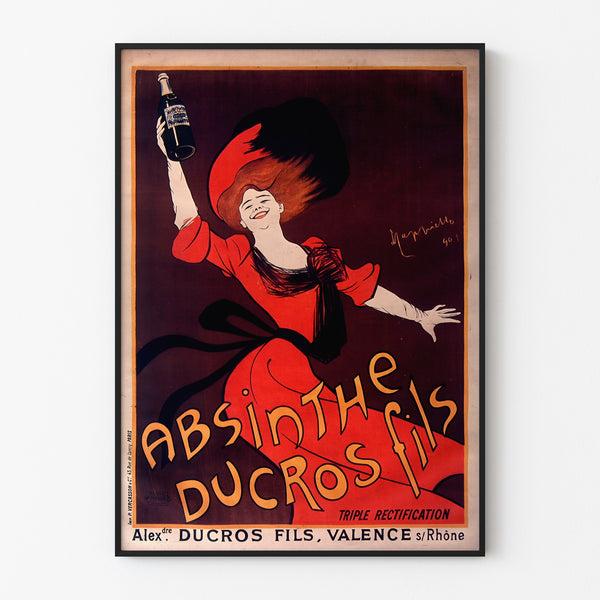 Vintage reklameplakat Absinthe Ducros, vist i en slank ramme på en lys væg.