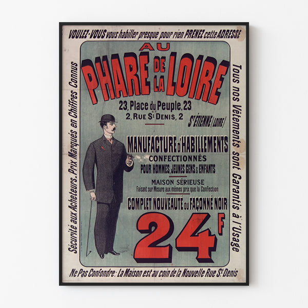 Vintage reklameplakat Au Phare de la Loire, beklædning, vist i en tynd ramme på en lys væg.