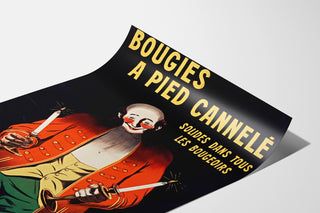 Vintage reklameplakat Bougies Fournier, vist på et buet ark i perspektiv.