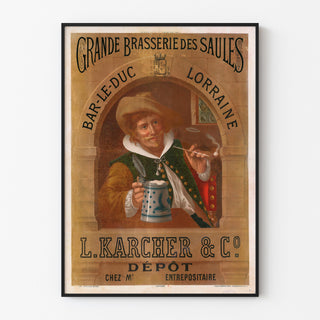 Vintage-reklameplakat Brasserie des Saules, Bar-le-Duc, indrammet i en tynd ramme på en lys væg.