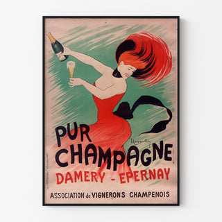 Vintage-reklameplakat Champagne Damery-Épernay, indrammet i en tynd ramme på en lys væg.
