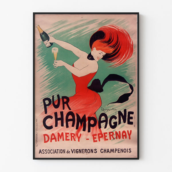 Vintage-reklameplakat Champagne Damery-Épernay, indrammet i en tynd ramme på en lys væg.