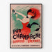Vintage-reklameplakat Champagne Damery-Épernay, indrammet i en tynd ramme på en lys væg.