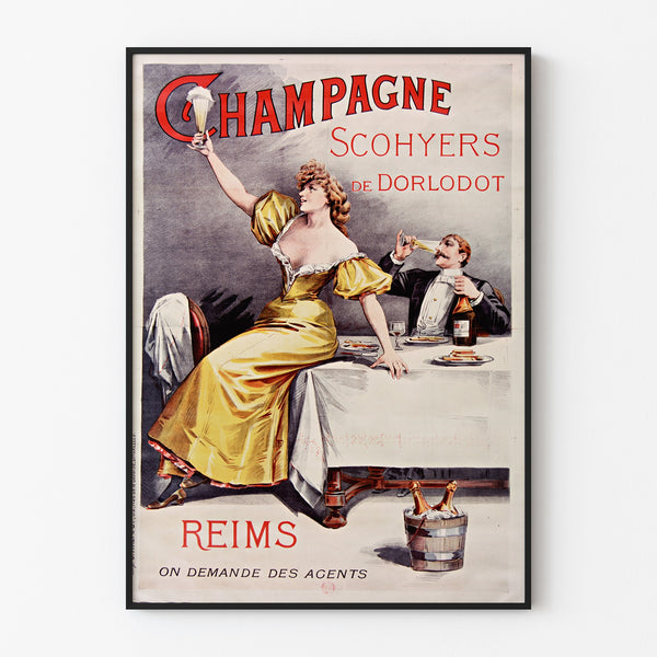 Vintage reklameplakat Champagne Scohyers de Dorlodot, vist i en smal ramme på en lys væg.