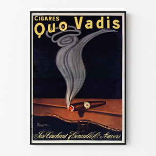 Vintage-reklameplakat Cigares Quo Vadis, vist i en tynd ramme på en lys væg.