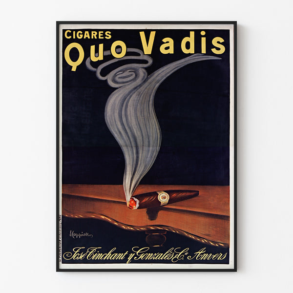 Vintage-reklameplakat Cigares Quo Vadis, vist i en tynd ramme på en lys væg.