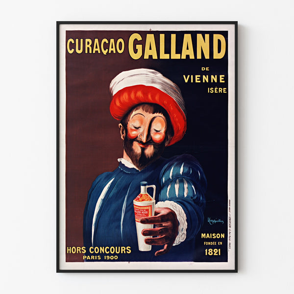 Vintage reklameplakat Curaçao Galland, vist i en tynd ramme på en lys væg.