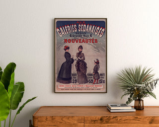 Vintage reklameplakat Galeries sedanaises, nouveautés, indrammet over en trækommode mellem planter.