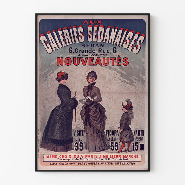 Vintage reklameplakat Galeries sedanaises, nouveautés, vist i en tynd ramme på en lys væg.