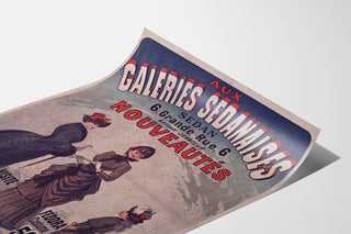 Vintage reklameplakat Galeries sedanaises, nouveautés, vist på et buet ark i perspektiv.